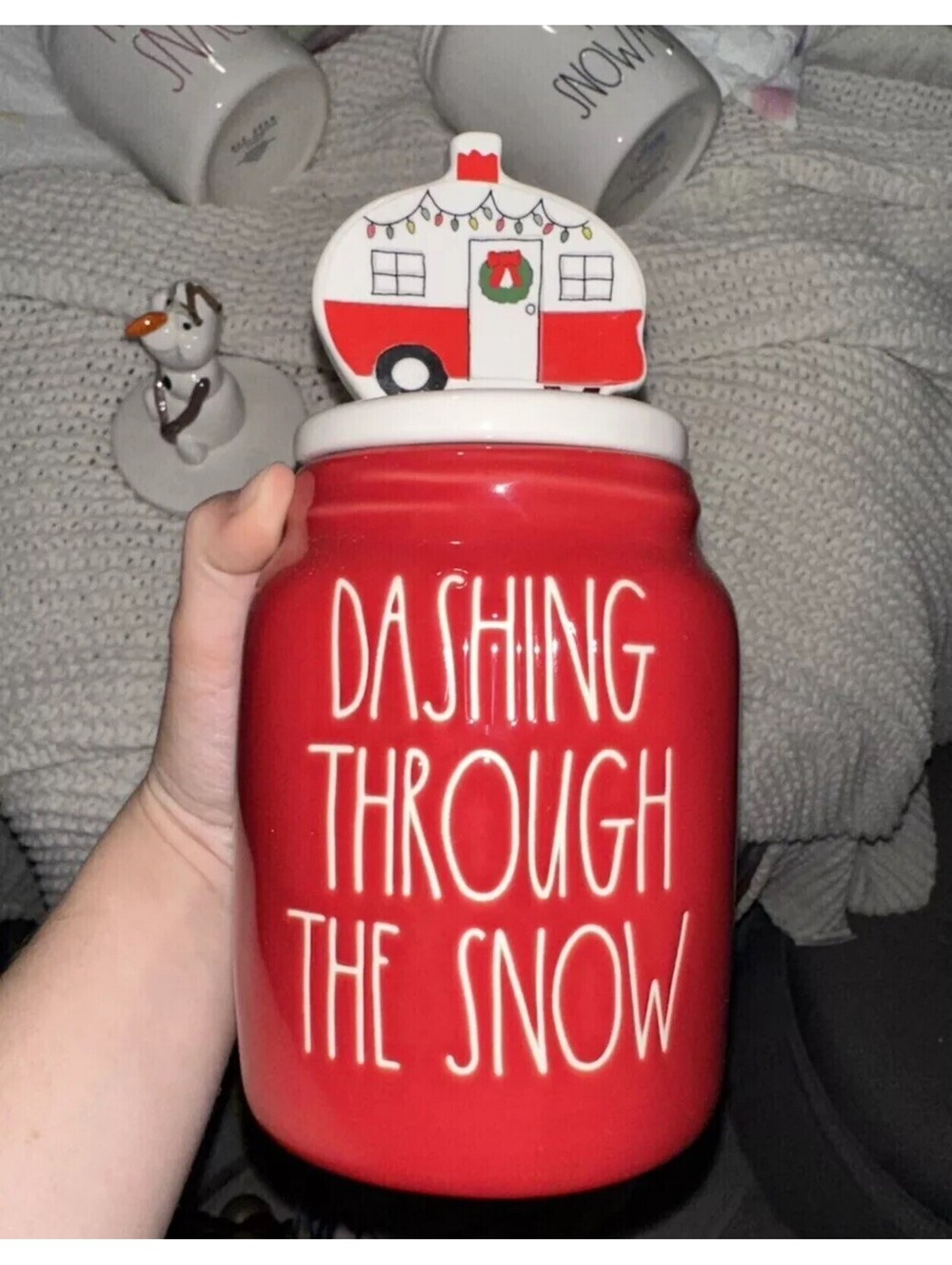 Rae Dunn Christmas Dashing Through the Snow Cookie Jar Canister Red Camper Lid